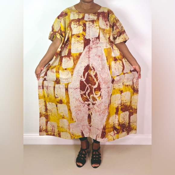 African Print Ankara Yellow Multicolor Cotton Tie Dye Midi Kaftan Dress - Picture 1 of 9